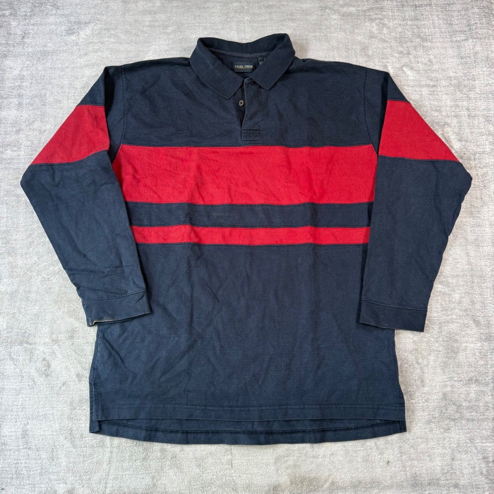 Cache Creek Shirt Mens Large Navy Blue Vintage Striped Long Sleeve Rugby Polo